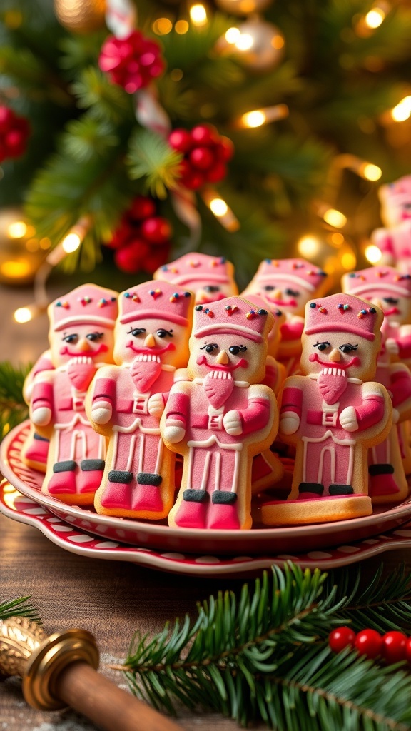 Pink Christmas Nutcracker Cookies Pink nutcracker cookies decorated with icing and sprinkles on a festive plate.